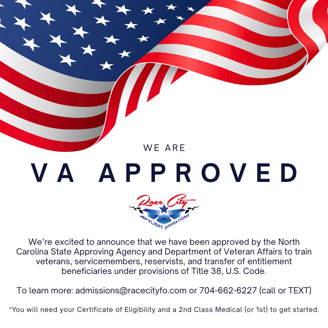 Courses approved include: Instrument, Commercial, CFI, and CFII. Please note that to begin training, you will need to apply for your benefits, receive your Certificate of Eligibility, and obtain a 2nd Class Medical (or 1st). We're honored to be able to provide our services to those who have selflessly served our country and are excited for their careers going forward. Please reach out to admissions@racecityfo.com or call/text 704-662-6227 with questions. 👏✈️