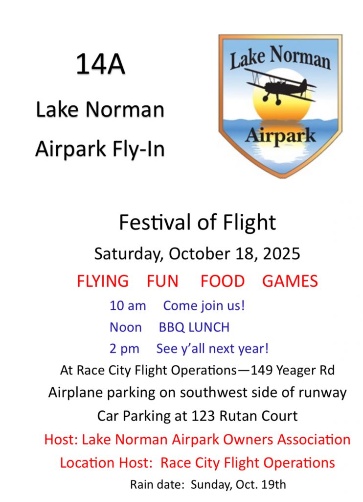 ✈️ Race City Flight Operations is thrilled to open our hangar and FBO for the Lake Norman Airpark Fly-In on October 18th! We're all about being great neighbors and fostering a friendly airport environment. Come join us for FLYING, FUN, FOOD, & GAMES! See you there!