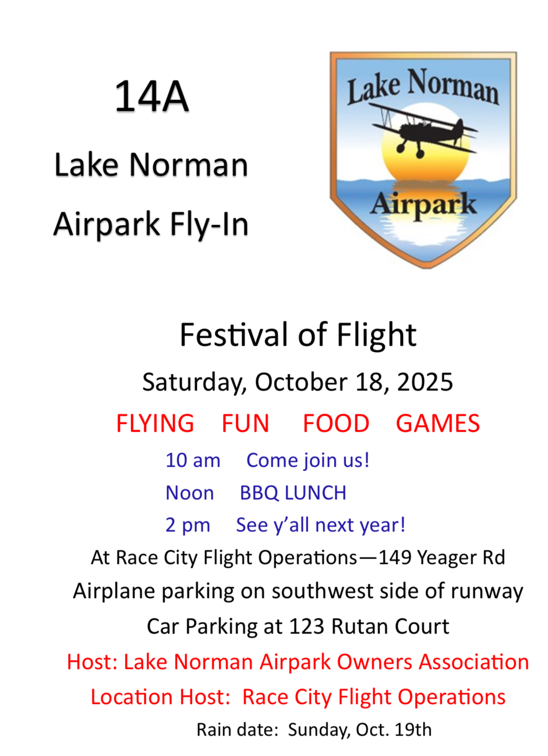 ✈️ Race City Flight Operations is thrilled to open our hangar and FBO for the Lake Norman Airpark Fly-In on October 18th! We're all about being great neighbors and fostering a friendly airport environment. Come join us for FLYING, FUN, FOOD, & GAMES! See you there!